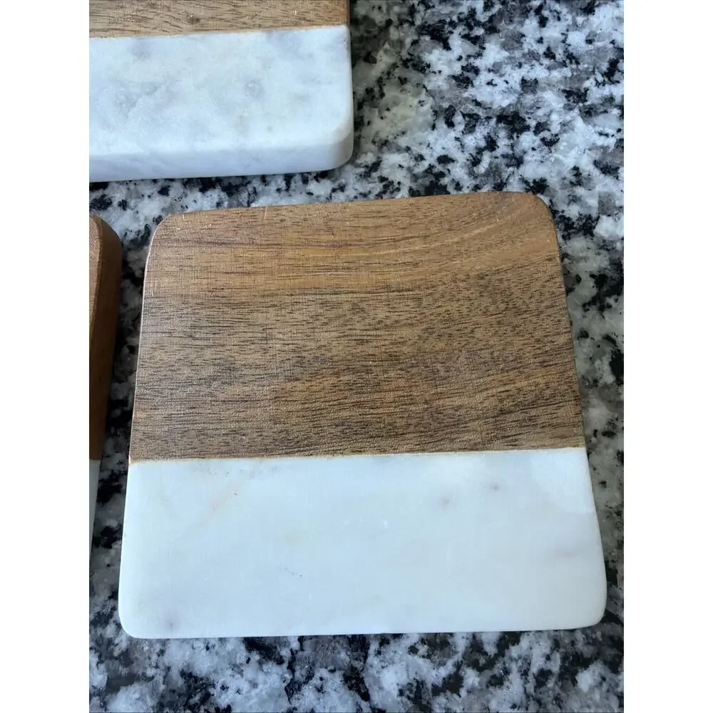 Manchester Coaster Set White Marble & Wood Threshold 4